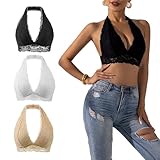 Cotorance Damen Spitzen-BH, ohne Bügel, ohne Pads, V-Ausschnitt, Neckholder-Bralettes, 3er-Pack, Schwarz/Weiß/Hautfarbe, small