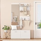 LULUWA Garderoben-Set 4-teilig mit Spiegel 2 Hutablage und Schuhschrank, 90x30x41,5cm Flur Garderobenständer Kleiderständer Set Flurgarderoben Set Kompaktgarderobe mit 6 Kleiderhaken Weiß