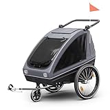 Klarfit GoKiddo Fahrradanhänger 2 Kinder - 2-in-1 Fahrradanhänger & Buggy mit Bremsen, Sicherheitsgurten, Verstellbaren Sitzen, 40kg Kapazität, Regen & UV Schutz, Zusammenklappbar, Dunkelgrau