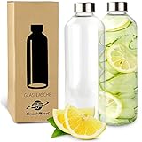 Smart-Planet 2er SET hochwertige Trinkflasche 1l aus Glas - Glasflasche aus Borosilikat Glas - 1L Glastrinkflasche mit Deckel in Edelstahloptik - Trinkflaschen für Sport