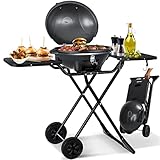 KESSER® elektrischer Elektrogrill 2in1 Tischgrill - Standgrill mit Deckel und Standfuß | max. 2400 Watt | Faltbar | Thermostat | Antihaftbeschichtung | Grillplatte Abstelltische | 2 Räder |