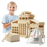 ROXPLE Holzbausteine Natur 200 Stück, Montessori Spielzeug für Kinder ab 3 Jahren, Klötzchen zum Basteln, ideales Konstruktionsspielzeug mit Bausteine Holz, Holzklötze im Baumwollbeutel