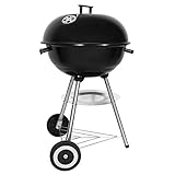 SunJas Holzkohlegrill, tragbar, rund, Deckel, Doppelräder, Grill auf Standfuß, φ 41 cm, Höhe 70 cm, Schwarz