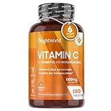 Vitamin C 1000mg - Für Immunsystem & Energie - 180 vegane Tabletten für 6 Monate - Vit C aus pflanzliche Fermentation - Ascorbinsäure mit Bioflavonoiden & Hagebutte - Magenfreundlich - Von WeightWorld