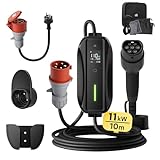 dé Mobile Wallbox/Ladestation 11kW [3-phasig|10m|6-16A] mit Einstellbarer Ladeleistung, Ladekabel CEE 16A auf Typ 2 und EV Ladegerät für Model Y/3, ID.3/4/5, MG4, EX30, e-up, e-tron, Zoe und andere EV