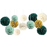 NICROLANDEE Seidenpapier-Pompons für Hochzeitsparty-Dekorationen, neutrale Babypartys, Vintage-Partys, Geburtstage, Brautpartys, rustikale Hochzeitsdekorationen, Grün (Green Ivory), 12 Stück