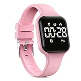 Focwony Digitale Kinderuhr, Schrittzähler, wasserdicht, Fitness-Tracker, Armbanduhr mit Schrittzähler, LED-Anzeige, Stoppuhr für Kinder, Jungen, Mädchen, Teenager (Rosa)