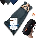 SEESCHWALBE Hüttenschlafsack Baumwolle Ultraleicht atmungsaktiv, Reiseschlafsack mit Kissenfach, grau