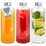 HEFTMAN Glaswasserflasche 1 Liter - 3er-Pack leere Glasflaschen mit Deckeln - Wasser, Smoothies, Glassaftflaschen mit luftdichten, auslaufsicheren Edelstahldeckeln und Reinigungsbürste für Arbeit
