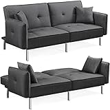 Yaheetech Klappbares Schlafsofa Bettsofa aus Leinenstoff Tagessofa mit 2 Kissen, Sofa Couch mit Bettfunktion Liegefläche 177 cm L × 110 cm B fürs Wohnzimmer/Schlafzimmer/Gästezimmer Hellgrau