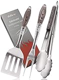 Grilluxe® Premium Grillbesteck Set, 3-teilig | Deluxe BBQ Tool Set | Pakkaholz + Edelstahl | Extra lang | Grillzange + Grillwender + Fleischgabel | Grills und Backöfen | Integrierter Flaschenöffner