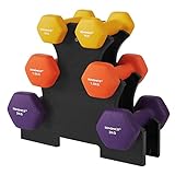 SONGMICS Kurzhantel Set, Hexagon, mit Hantelständer, 2 x 1 kg, 2 x 1,5 kg, 2 x 2 kg, mattes Finish, Neopren-Beschichtung, Krafttraining, zu Hause, gelb, orange und lila SYL69BK