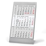 Truento 3-Monats-Tischkalender zum Aufstellen für 2 Jahre (2026 & 2027) inkl. Block und Magnet - Edelstahl gebürstet/silber - Bürokalender - Aufstellkalender - Stehkalender