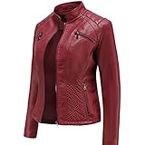 SHADIOA 2021 Lederjacke Damen Reißverschlüsse Frühling Herbst Damen PU Lederjacke Schlank Motor Biker Mantel Weibliche Übergroße,Rot,XXL