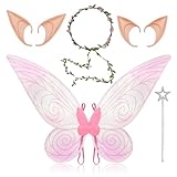 Fettwal Feenflügel Erwachsene Kinder Damen, Feen Kostüm Damen Kinder, Feen Flügel Elfen Kostüm Damen, mit 2 Paar Elfenohren, Elfengirlande, Feenflügel Kostüme, für Halloween Karneval Ostern (Rosa)