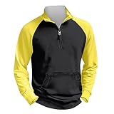 Zip Hoodie Herren Norweger Pullover Herren Laufshirt Herren Langarm Reverskragen Farbblock Raglan Langarmshirt Mit Taschen Loose Fit Vintage Pullover Baggy Poloshirt Fendt Jacke (Gelb, 4XL)