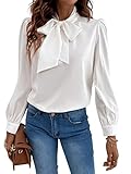 SOLY HUX Damen Elegant Bluse mit Schleife Langarm Chiffonbluse Oberteile Tunika Büro Hemdshirt Langarmtops mit Puffärmel Weiß L