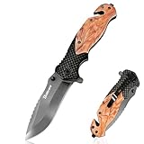 Brillirare Taschenmesser, Faltbares Holzmesser Klinge 85MM, Faltbares Überlebens kleines Messer mit Ledertasche, Knopfverschluss & Glasbrecher für den Alltag tragen EDC Jagd Camping
