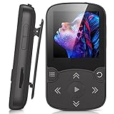 AGPTEK MP3 Player Bluetooth 5.3 Sport 32GB mit 1,5 Zoll TFT Farbbildschirm, Mini Musik Player mit Clip, Unterstützt bis 128GB TF Karte, mit Lautstärketaste, FM Radio, Schrittzähler, Schwarz