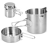 BILIPLE Camping Topf 1L Edelstahl Tasse Topf Faltbare Camping Kochtopf mit Deckel und klappbarem Griff Outdoor Geschir Kochgeschirr für Camping Wandern Angeln Picknick