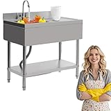 HuKaiL Freistehende Edelstahl Spültisch, Küchenspüle Spülenschrank mit Armatur und 10cm Spritzschutz, Gewerbliche Spülbecken Komplettspüle mit 300kg Tragkraft für Küche, Wäsche, Garage, 100*60*80cm