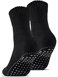 Stoeury 2 Paar ABS Socken mit Wolle Herren Damen, Anti Rutsch Wollsocken aus Volle-Frottee, Rutschfeste Stoppersocken, Warme Haussocken, Valentinstag für Ihn Sie, Schwarz, 43-46