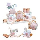 Smartwo Teeservice Holz Kinderküche, Tee Set für Spielküche, Küchenzubehör Holzspielzeug, Teeparty Rollenspiele Geschirr, Geschenk für Mädchen Kleinkinder ab 3 Jahre, Rosa, 17PCS