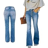 Sawmew 90er Jahre Vintage-Jeans mit Knopfleiste, Hoher Taille, Ausgestelltem Bein, Damen, Hoher Bund, Distressed, Klassischer, Dehnbarer Denim-Schlag (Color : Blue, Size : M)