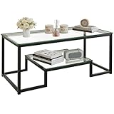 Huhote Couchtisch 2 Ebenen, Glastisch, Sofatisch, Wohnzimmertisch aus Glas, Kaffeetisch mit Stauraum, Tisch Wohnzimmer, mit Glasplatte, Offener Stauraum, Moderner Stil, 100 x 48 x 45 cm, Schwarz