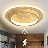 LED Deckenlampe mit Bewegungsmelder 3000K Modern Rund Deckenleuchte Holzmaserung Flurlampe 12W Deckenlampen Innen Sensorleuchte für Balkon Keller Garage Deckenbeleuchtung Treppenleuchten