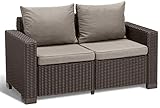 Allibert by Keter Gartenlounge Sofa California 2-Sitzer, inkl. Sitz- und Rückenkissen, Kunststoff, runde Rattanoptik, 141x68x72 cm, braun/warm taupe