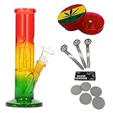 raupir Set Glasbong Ice Rasta bunt Höhe 20cm Mundstück abgerundet ø 37mm Bong mit Perkolator Glaskopf Chillum 14,5mm Siebe Acrylgrinder