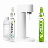 Sparpaket: Mysoda Woody - Wassersprudler aus erneuerbarem Holzkomposit mit 1L BPA-freier Plastikflasche, CO2-Zylinder Classic + CO2-Zylinder Limette (Weiß)