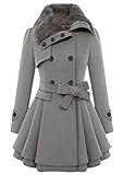 EFOFEI Damen Winter Lange Ärmel Trenchcoat Wintermantel Parka Revers Collegejacke Mantel Übergangsjacke Dufflecoat Outwear Mit Gürtel Grau L