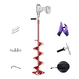 LONGRUN Eisbohrer, 8 Zoll Eisbohrer Erdbohrer mit Rutschfestem Griff und Austauschbaren Klingensätzen, Geeignet zum Eisfischen, Löcher graben - Rot