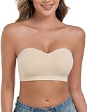 ANGOOL Damen Trägerloser BH ohne Bügel Push Up BH ohne Träger Feste Polster Bandeau Top Damen Seamless mit Transparente und Primärfarbige Träger, Beige, L