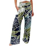 Lässige , Strandhose, elastische Taille, weites Bein, bunte Blumen und grüne Blätter, bedruckte Taschenhose Kurze Hose Camouflage Damen Hoch -Waist kleine frische, geradlinige, breite Hose (Navy, XXL)