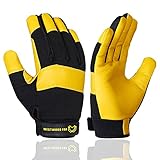 WESTWOOD FOX Garten-Arbeitshandschuhe, dornensicher, flexibel, strapazierfähig, Leder, für Mechaniker, Geschicklichkeit, atmungsaktiv, Konstruktionshandschuhe für Arbeit, Herren, Damen (Gelb, L)