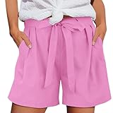 YEBIRAL Leinen Shorts Damen mit Kordelzug Weite Stretch Bund Hose Lässig Essentials Sommerhose Leicht Sommer Leinen Shorts Gerade Stoffhose für Sommer