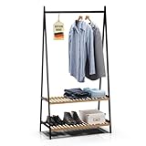 RoyalGrove® Kleiderständer mit 2 Ablagen aus Bambus weiß, Garderobenständer mit stabiler Kleiderstange, Garderobe mit Schuhregal, für Flur, Schlafzimmer, 160 x 80 x 44 cm (Weiß)