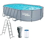 Summer Waves Frame Pool Komplettset | Oval 610x366x122 cm Grau | Aufstellpool Set | Gartenpool & Schwimmbecken inkl. Filterpumpe, Filterkartusche, Bodenvlies, Abdeckplane & Einstiegsleiter