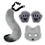 BEIJIALY Katze Therian Maske und Schwanz Handschuhe Set, Kunstpelz Katze Wolf Cosplay Kostüm Set, Frauen Halloween Kostüm, Cosplay Tier Party Kostüm (grau)