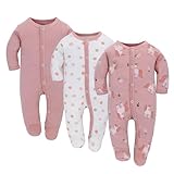 3PCS Baby Schlafstrampler Babychlafanzug Babyschlafsack Baumwolle mit Füßen mit knöpfen Gr. 56 62 68 für Junge Mädchen Neugborenen (Rosa, 56)
