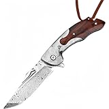 Generisch Damast Taschenmesser mit Gelbes Sandalholz Klappmesser Einhandmesser VG10 Damaststahl Mit Scharfer Klinge für Messerliebhaber und Outdoor-Enthusiasten ﻿