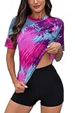 Halcurt Integrierter Damen-BH, Rashguard, UPF 50, zweiteiliger Badeanzug, Shirt und Boardshorts, Palmenblätter/Top gepolstert, XL