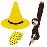 Ueyben Mann mit gelbem Hut Kostüm, Gelber Hut mit Gelber Gepunkteter Krawatte Plüschaffe für Männer und Frauen für Halloween Karneval Cosplay