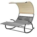 SoBuy Schaukelliege 2 Personen ergonomische Bäderliege Sonnenliege mit Dach und 2 Kopfstützen mit Rollen Relaxliege für Garten, Terrasse Grau Belastbarkeit 300 kg BHT ca. 140x180x184cm OGS50-HG