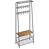 HAUSPROFI Minimalistische Garderobenständer mit Schuhwechselbank und Doppelter Hakenreihe, Perfekt für Eingangsbereich, Flur etc., Schwarz, 64 x 29 x 180 cm (L x B x H)