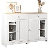 Merax Sideboard Kommode Weiß, Anrichte mit 2 Schubladen und 4 Türen, Beistellschrank Vitrine mit Glas Tür, Moderne Schrank Mehrzweckschrank Flurschrank, für Wohnzimmer, Esszimmer, 120 x 37 x 80 cm