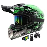 Motocross Helm Kinder, MTB Helm Fullface Kinder, Erwachsene Dirt Bike Offroad Motorradhelm Integralhelm Crosshelm Helm, Für Mountainbike ATV BMX Downhill Offroad, Mit Brille Handschuhe(Color:Green,Siz